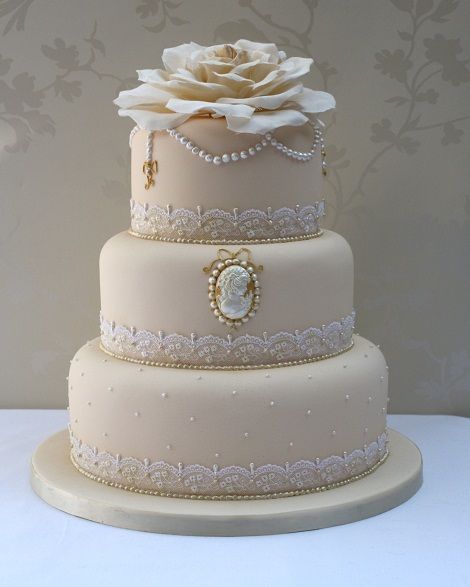 Cameo Pearl and Lace Wedding Cake