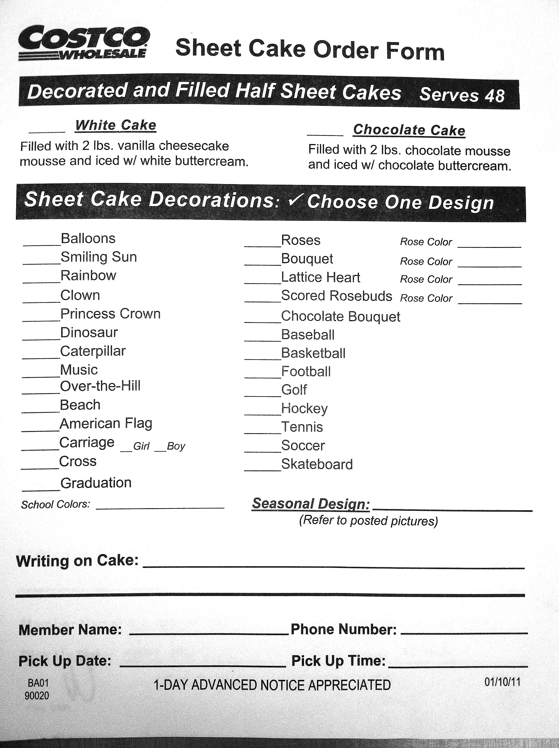 Costco Sheet Cake Order Form