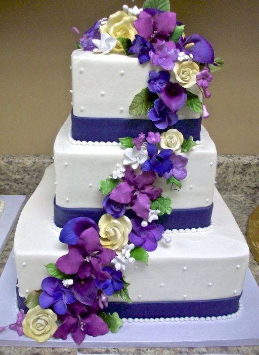 Blue and Purple Wedding Cake with Flowers