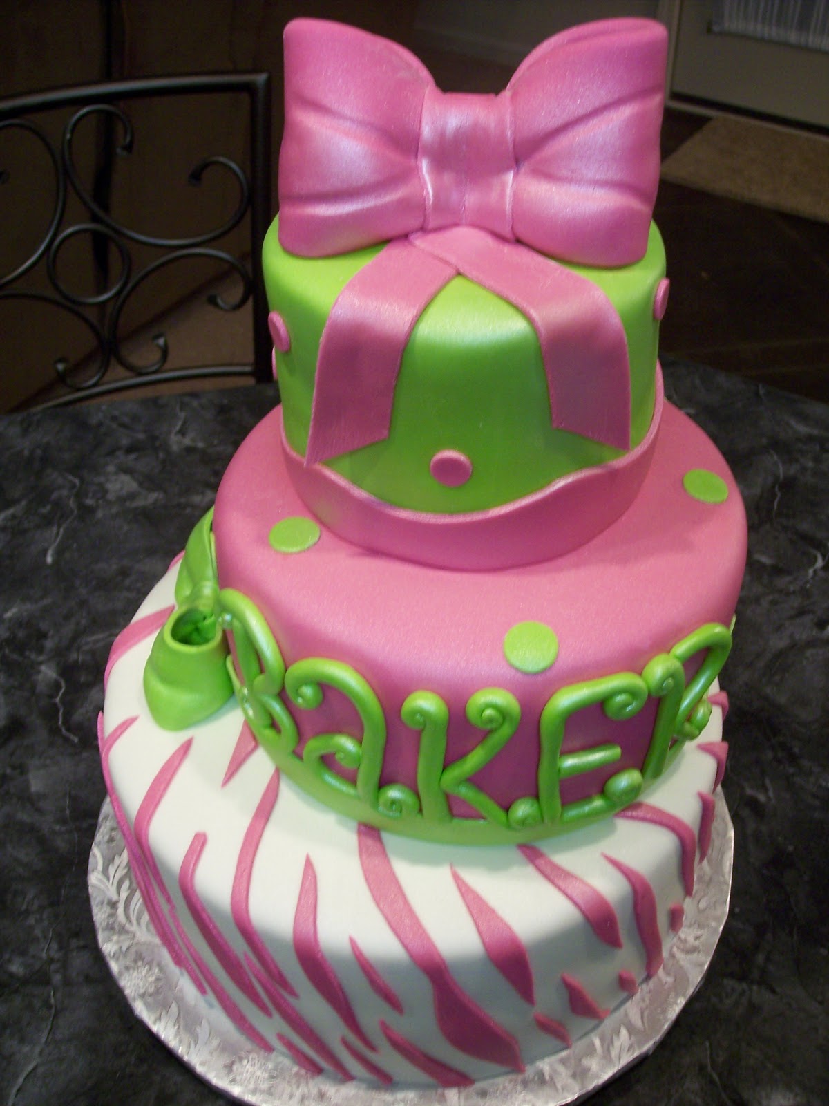 Hot Pink and Lime Green Zebra Print Cake