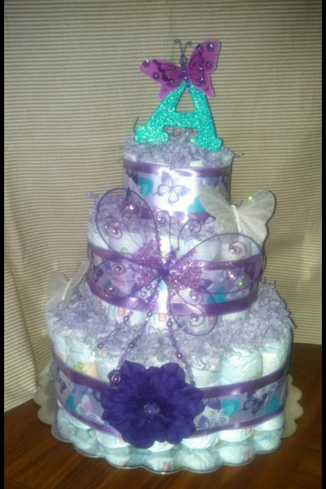 Purple Butterfly Baby Shower Diaper Cake