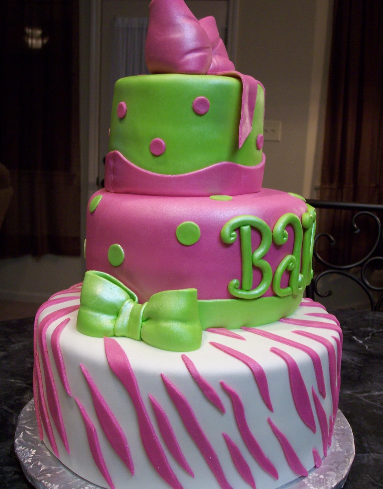 Hot Pink and Lime Green Zebra Print Cake