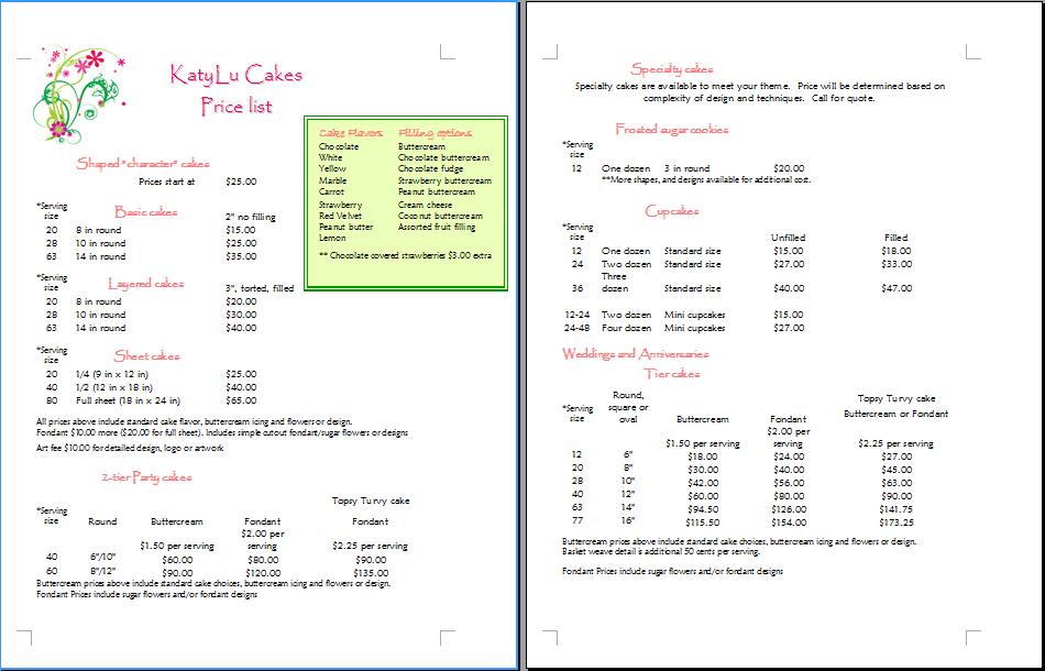 Cake Price List Template