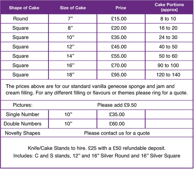 Birthday Cake Price List