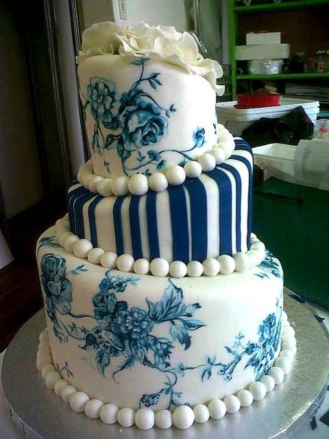 Blue and White 3 Tier Wedding Cakes