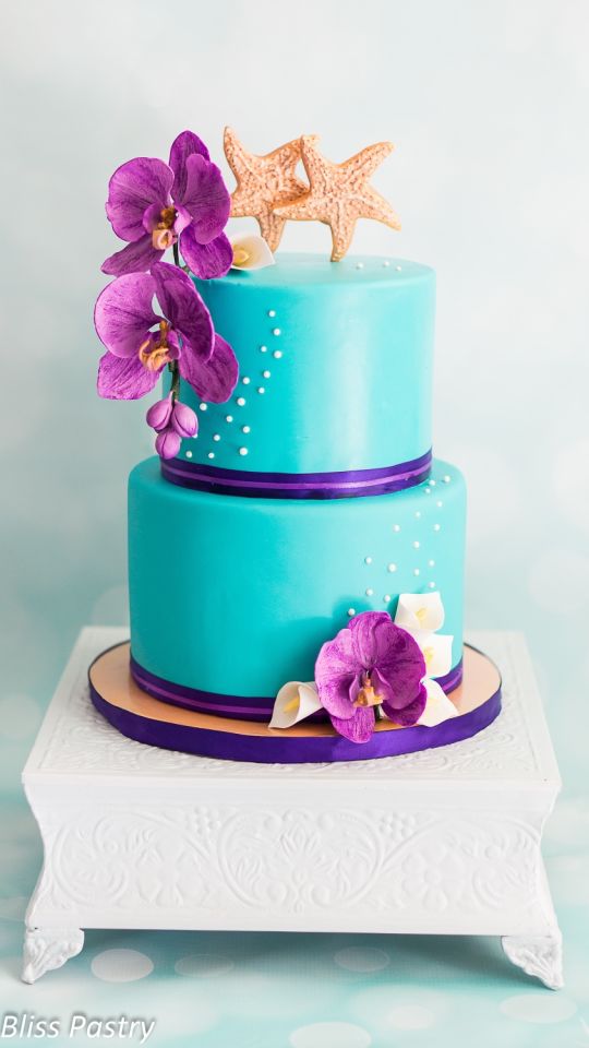 Purple and Teal Beach Wedding Cake