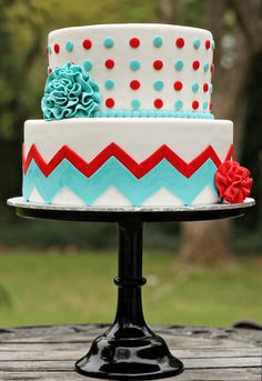 Red and Turquoise Chevron Birthday Cake