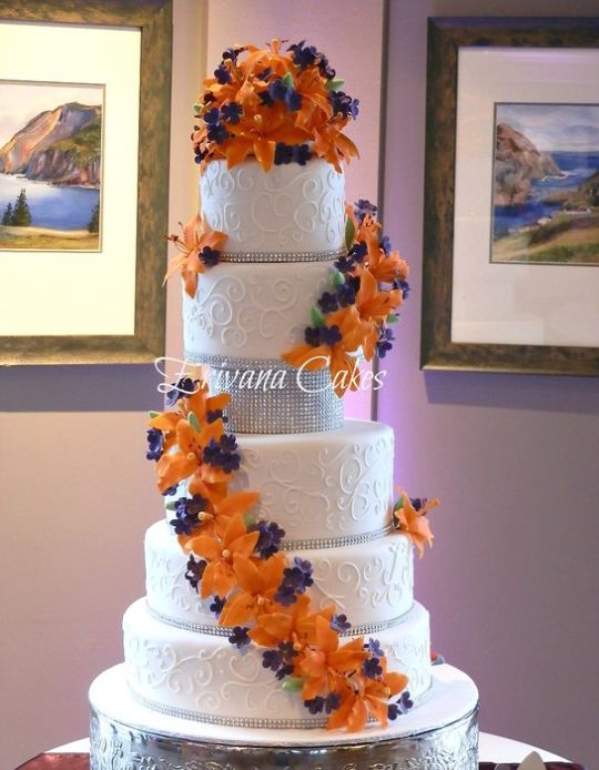 Purple and Orange Flower Wedding Cake