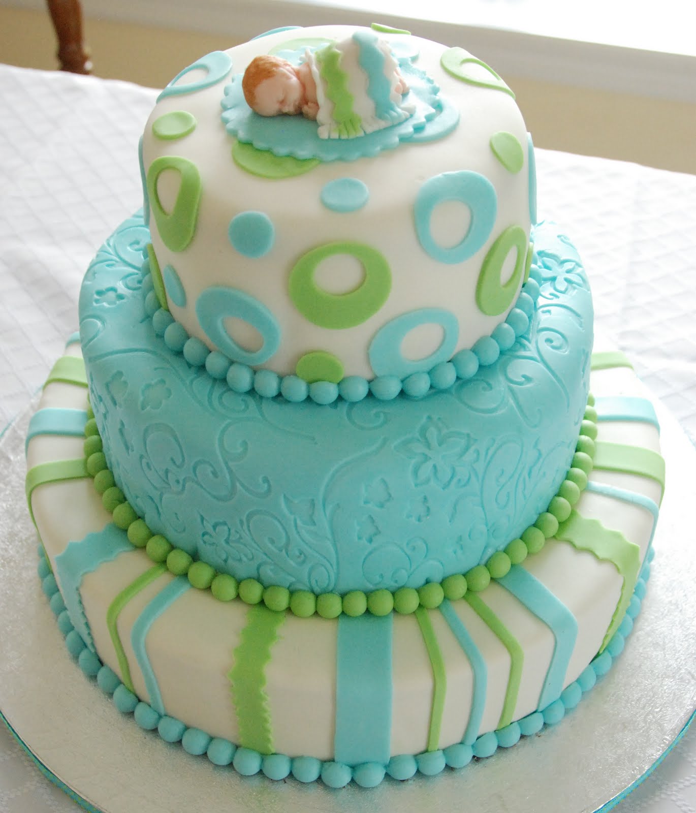 Green White and Blue Baby Shower Cake