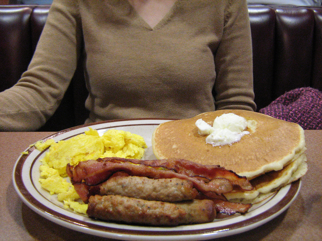 Sausage and Scrambled Eggs Bacon Pancakes