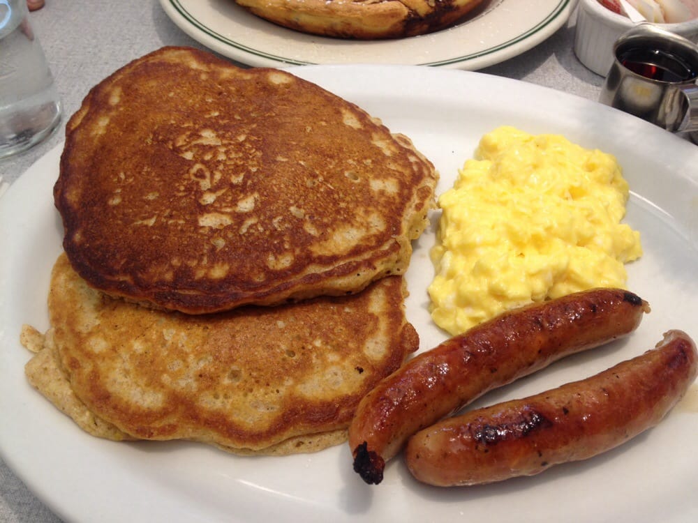 Scrambled Eggs Pancakes and Sausage