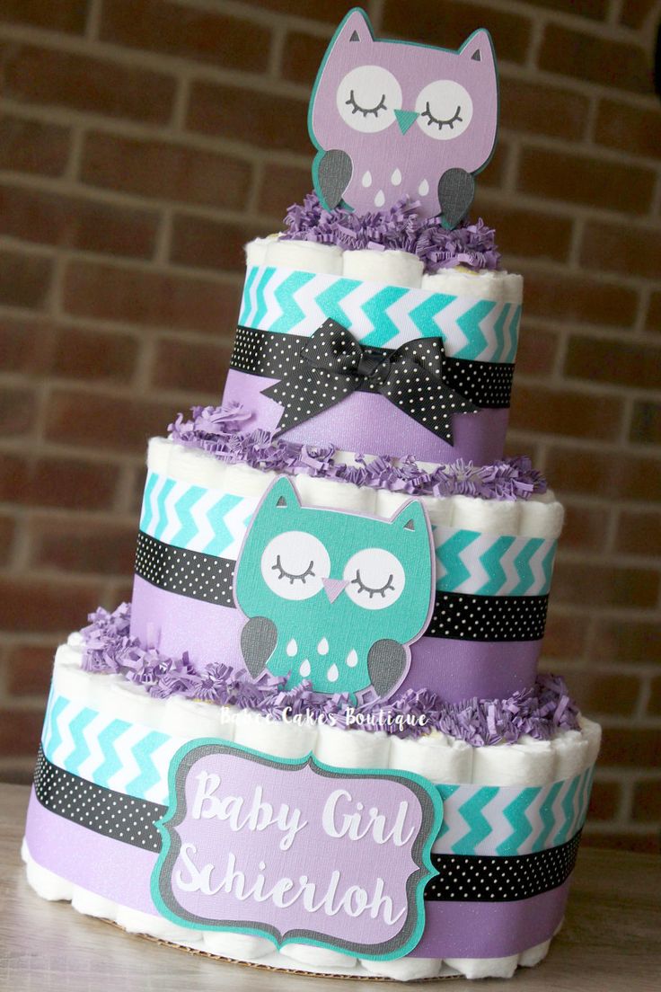 Teal and Purple Owl Baby Shower Cakes for Girls