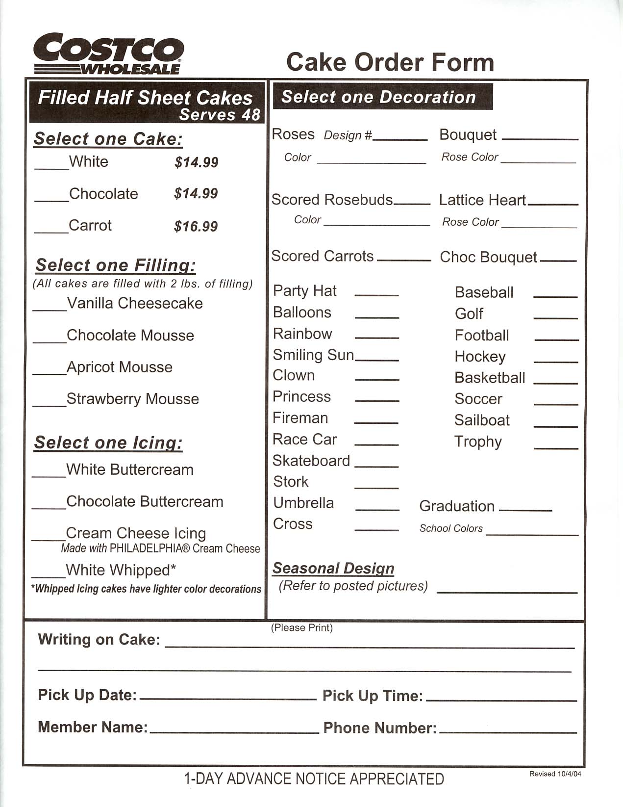 Costco Sheet Cake Order Form