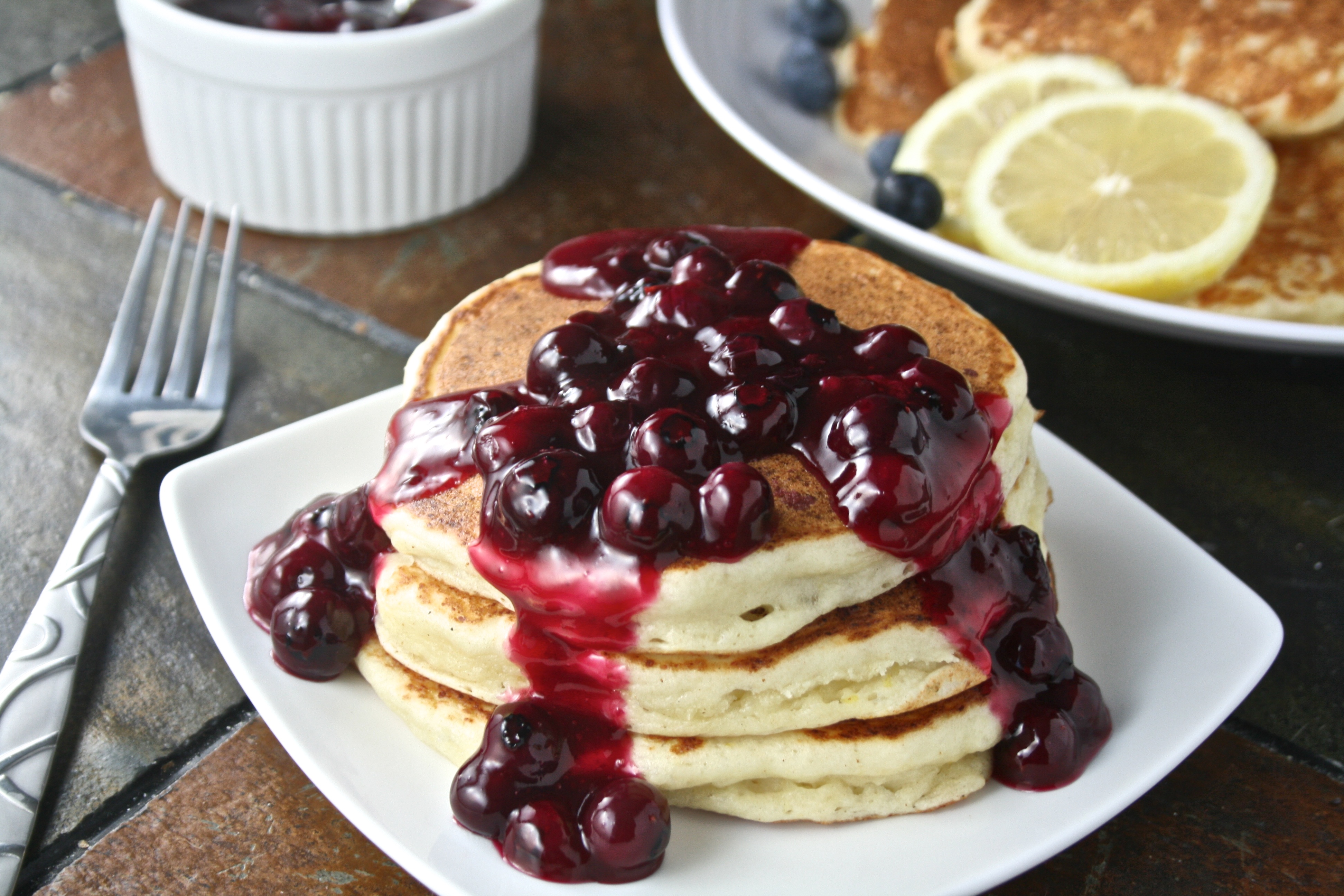 Lemon Ricotta Pancakes with Blueberry Sauce