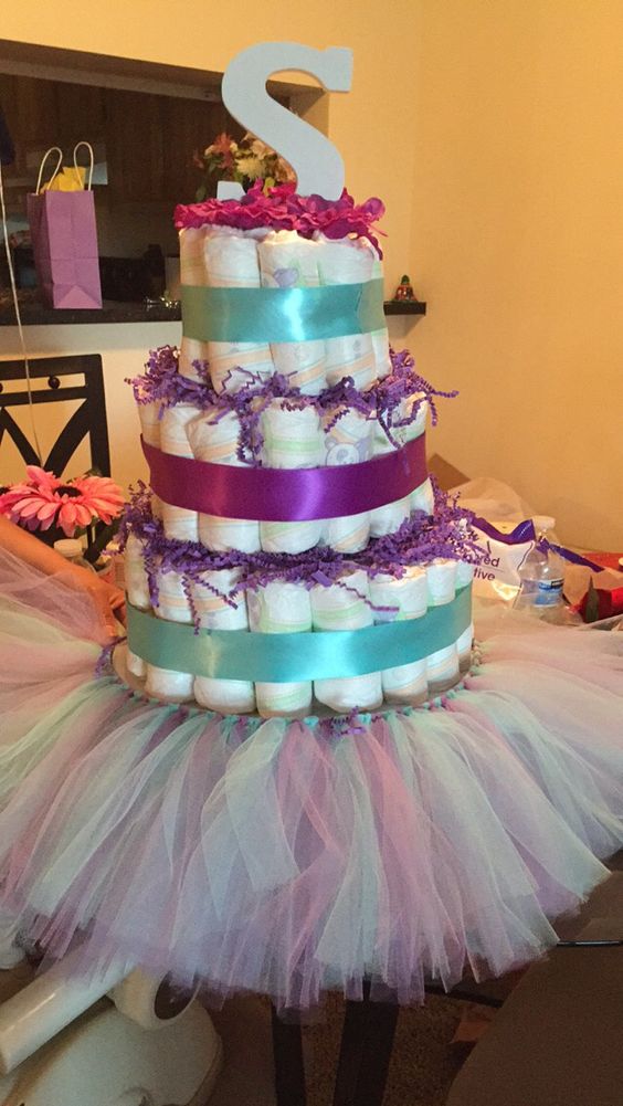 Purple and Teal Baby Shower Diaper Cake