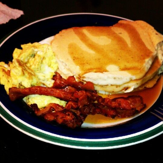 Scrambled Eggs Pancakes and Bacon