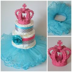 Teal and Purple Princess Baby Shower Diaper Cake