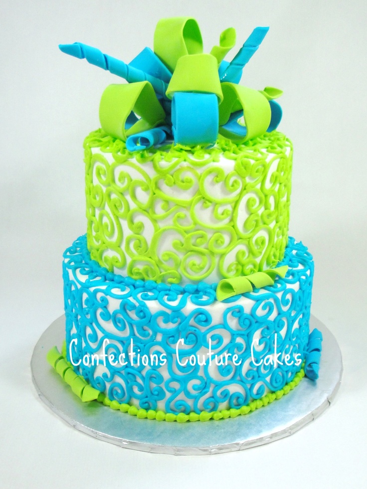 Lime Green and Blue Baby Shower Cake