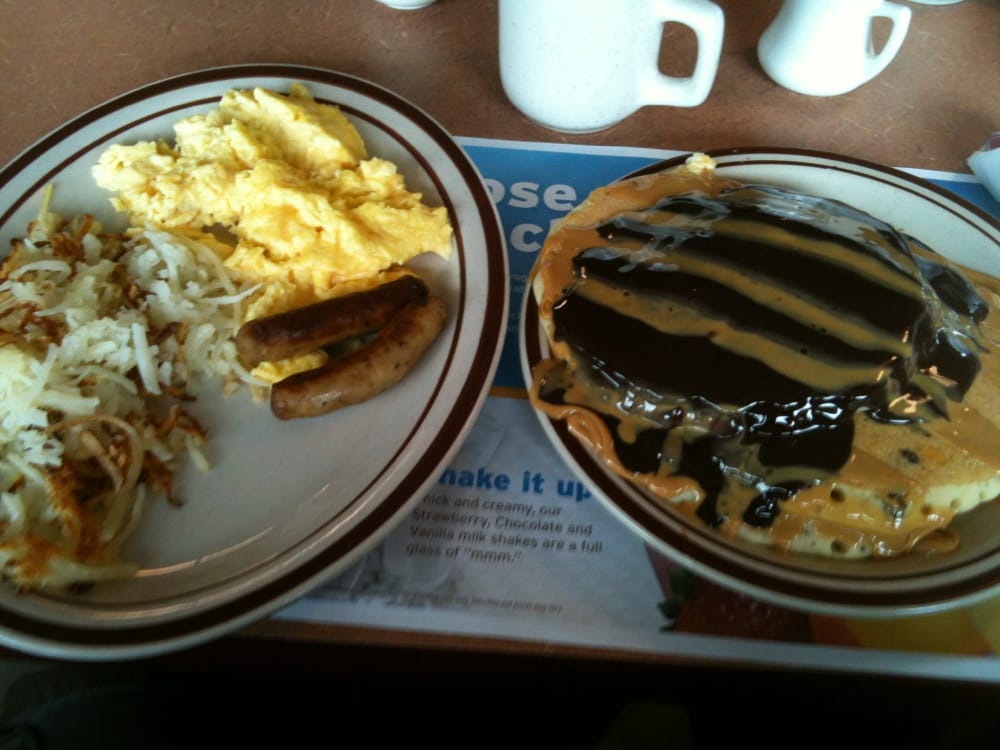 Pancakes with Sausage and Hash Brown Eggs