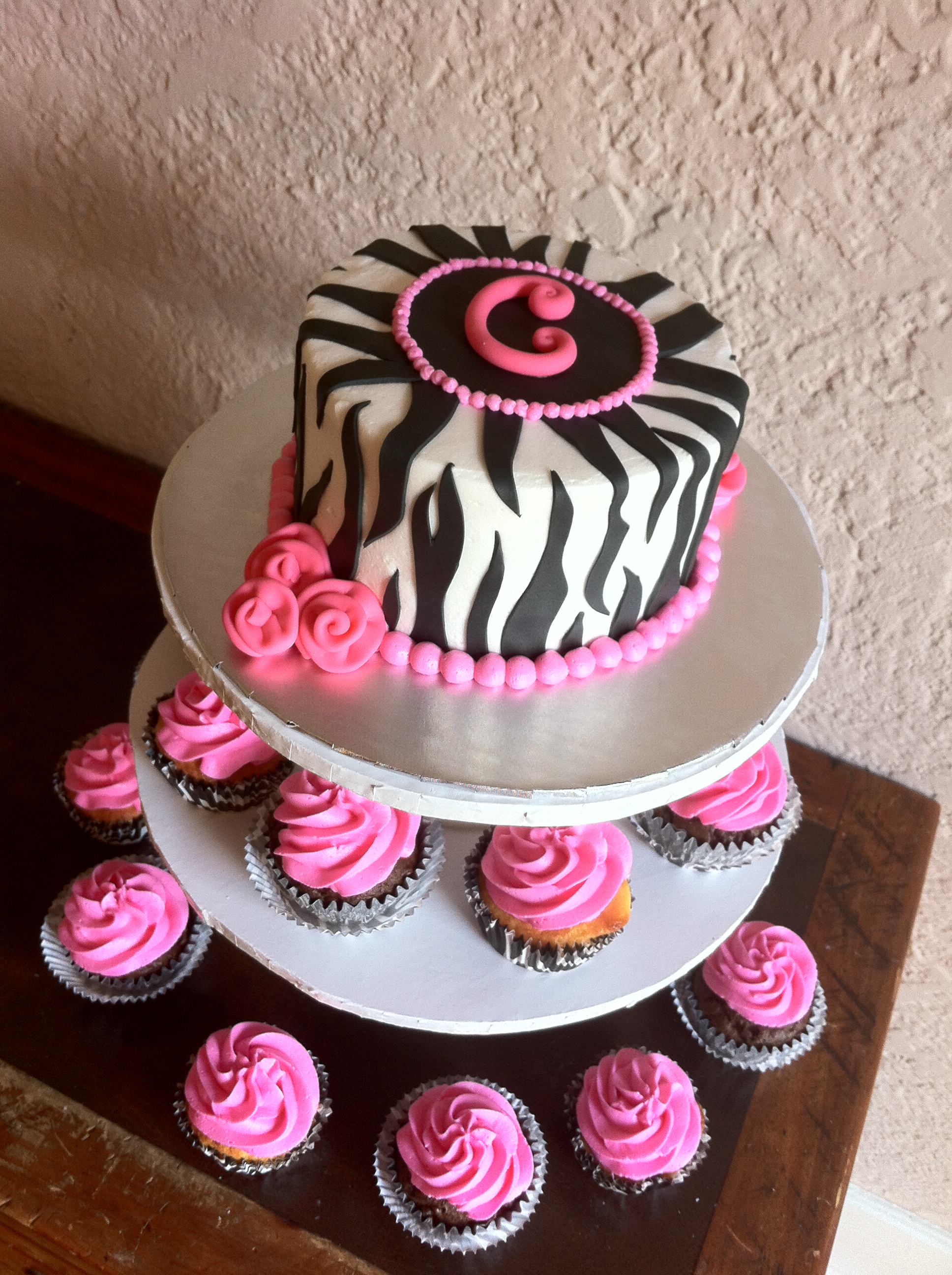 Pink Zebra Birthday Cake and Cupcakes