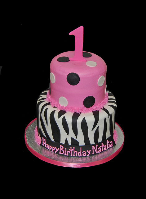 Pink and Black Zebra Print 1st Birthday Cake