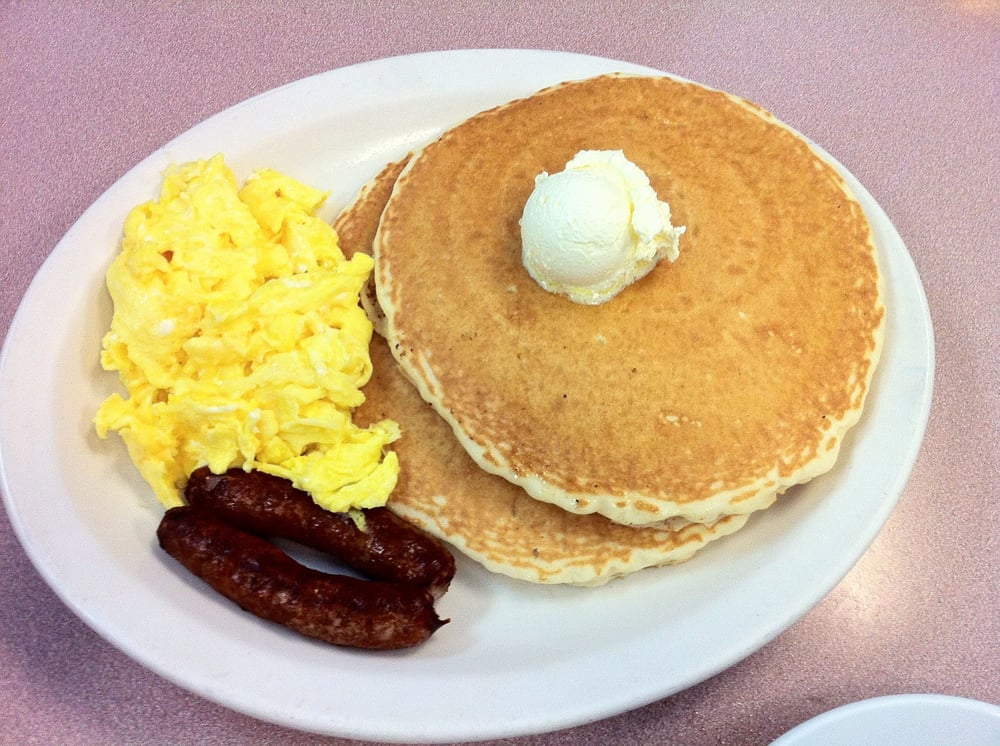 Scrambled Eggs Pancakes and Sausage