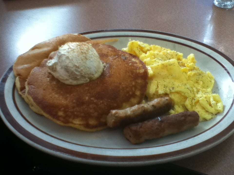 Scrambled Eggs Pancakes and Sausage