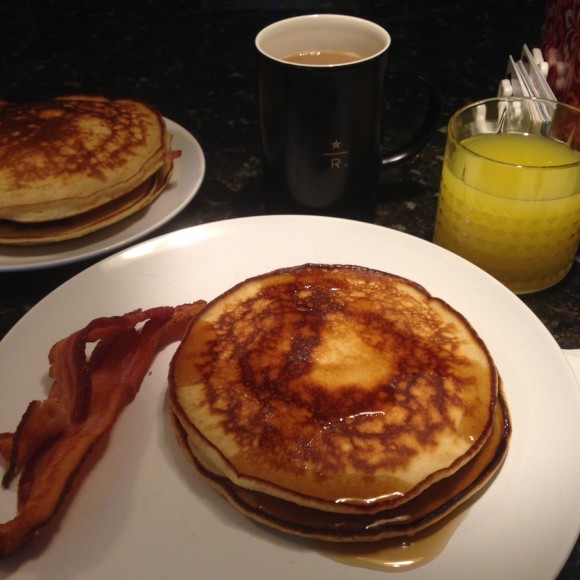 Pancakes Eggs and Bacon Orange Juice