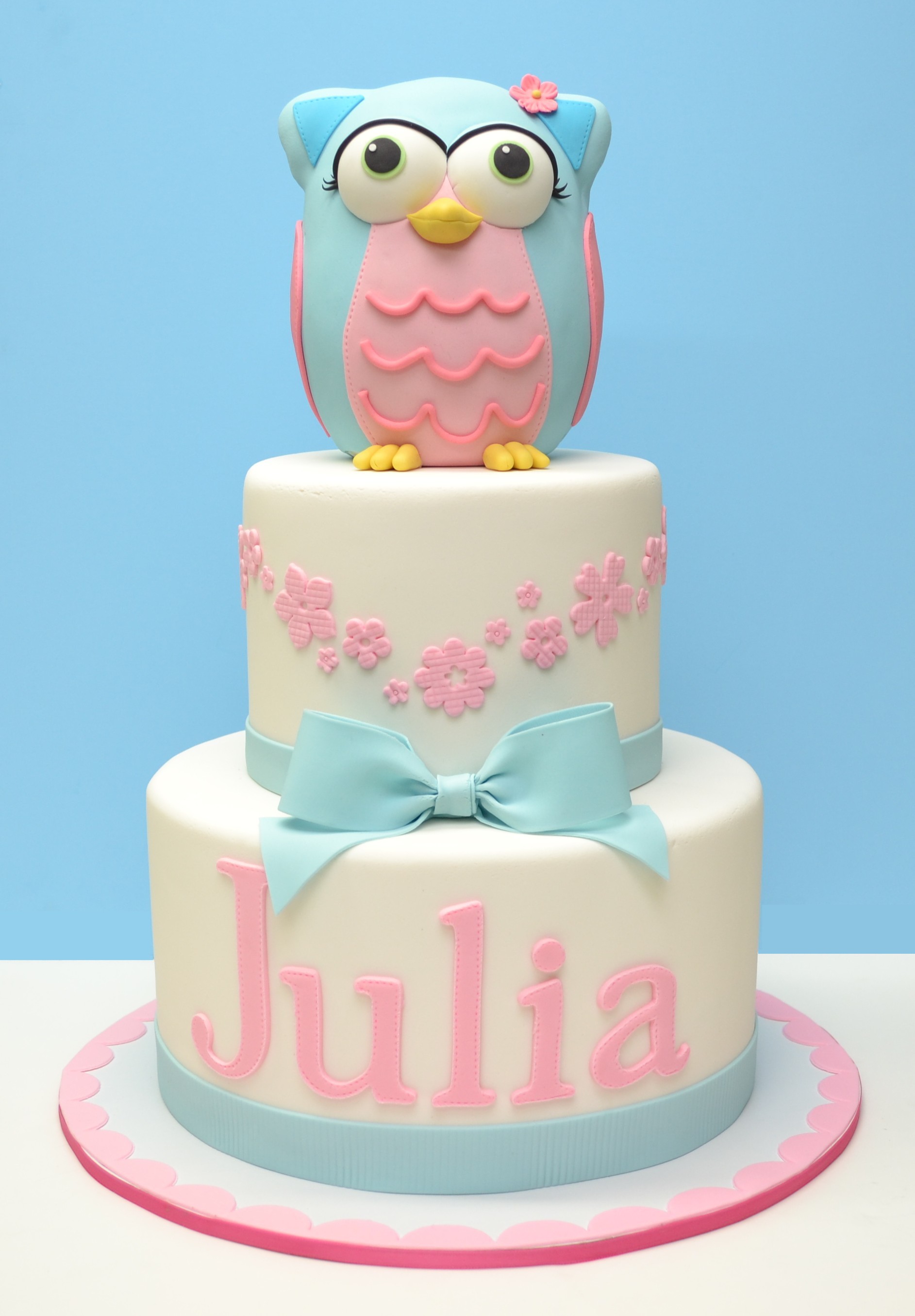 Blue and Pink Owl Birthday Cake