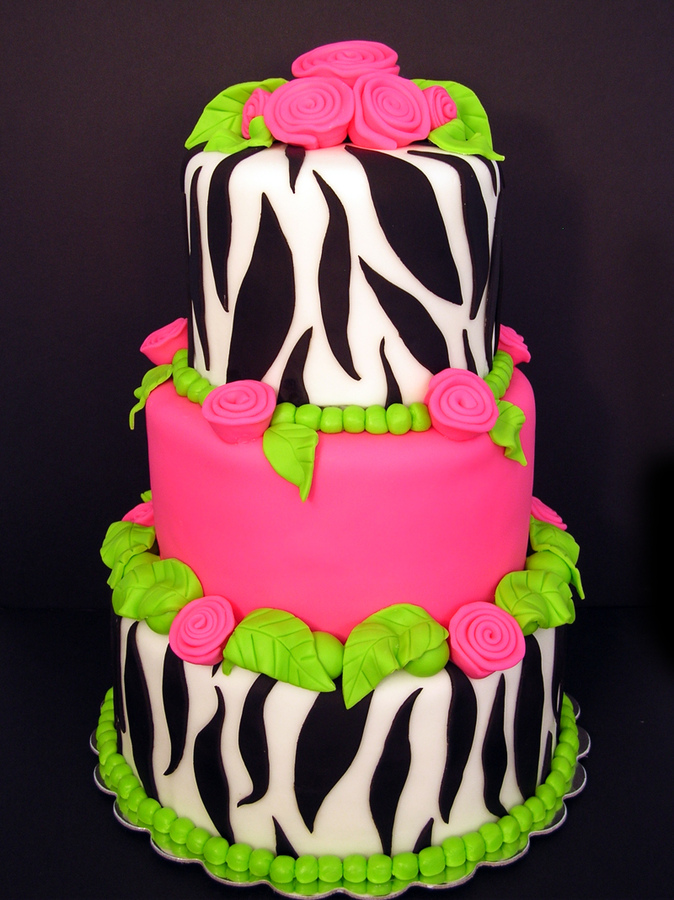 Hot Pink and Lime Green Zebra Print Cake