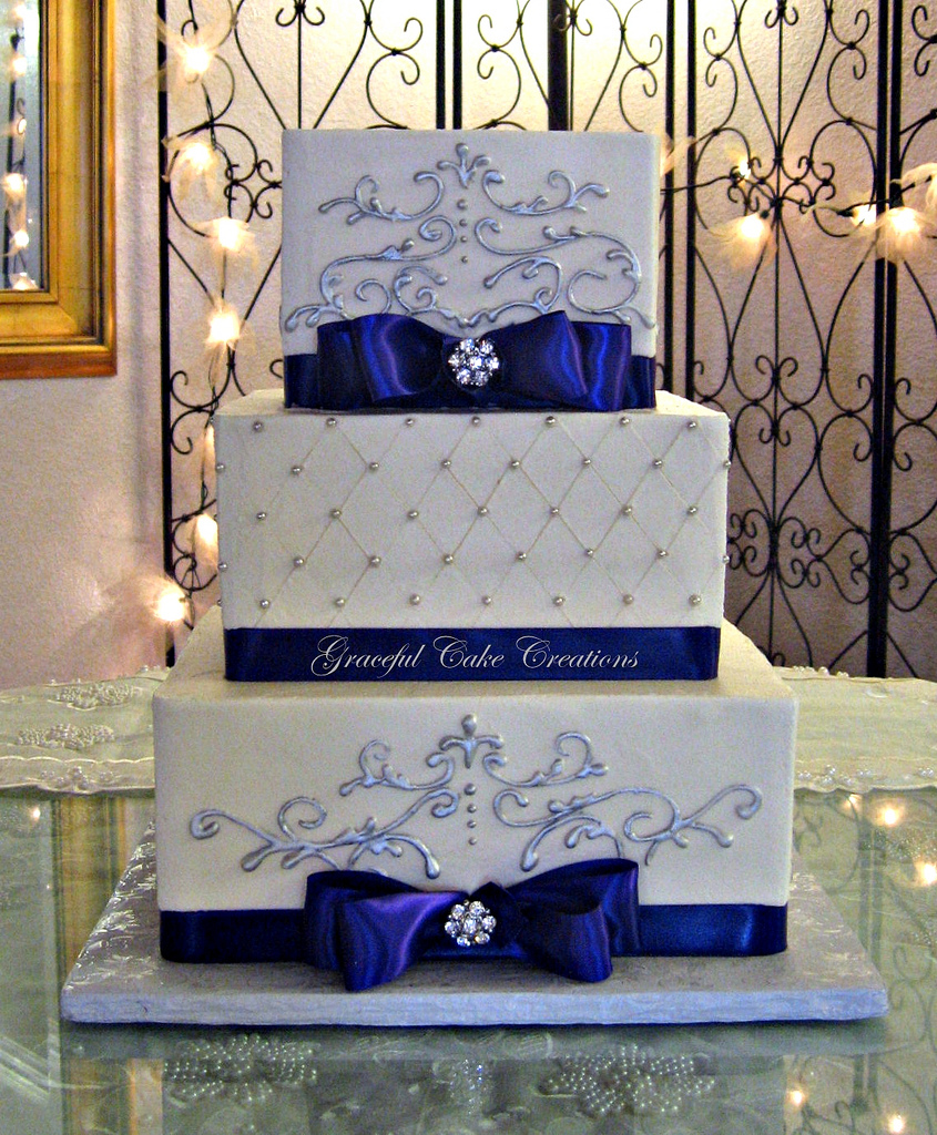 Purple and Silver Square Wedding Cake