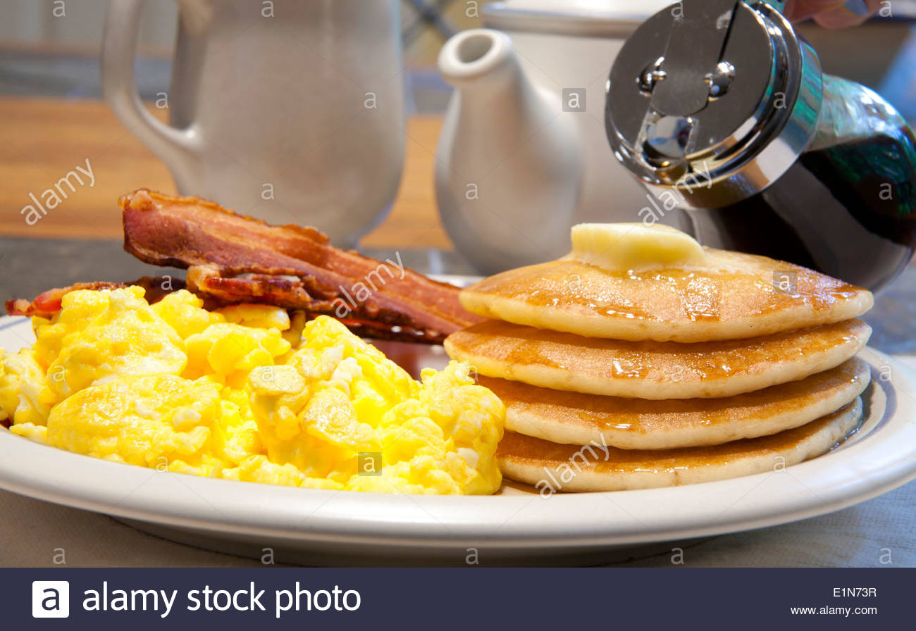 Scrambled Eggs Pancakes and Bacon