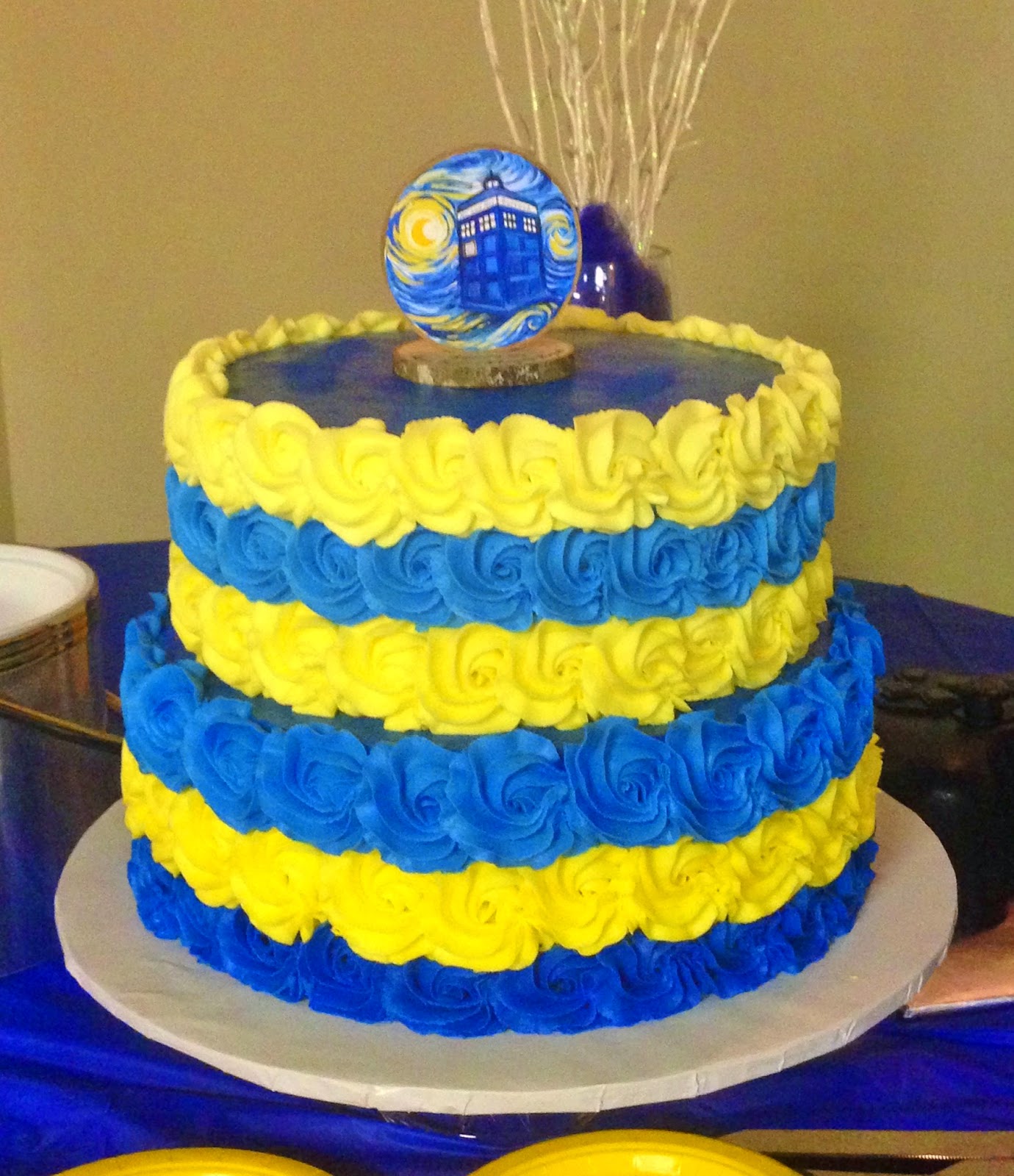 Blue and Yellow Rosette Cake