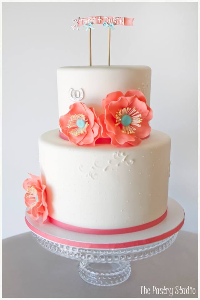 Teal and Coral Bridal Shower Cake