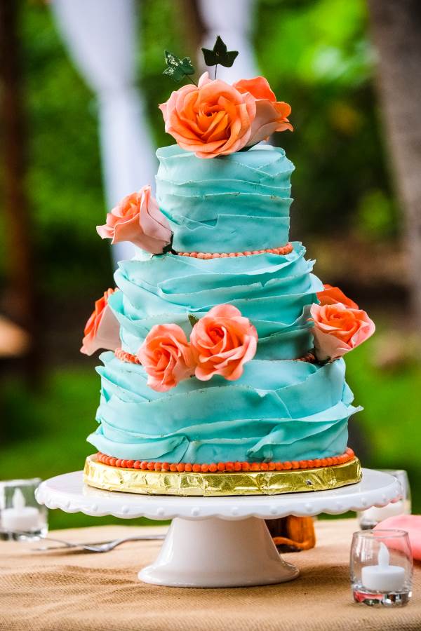 Teal and Coral Wedding Cake