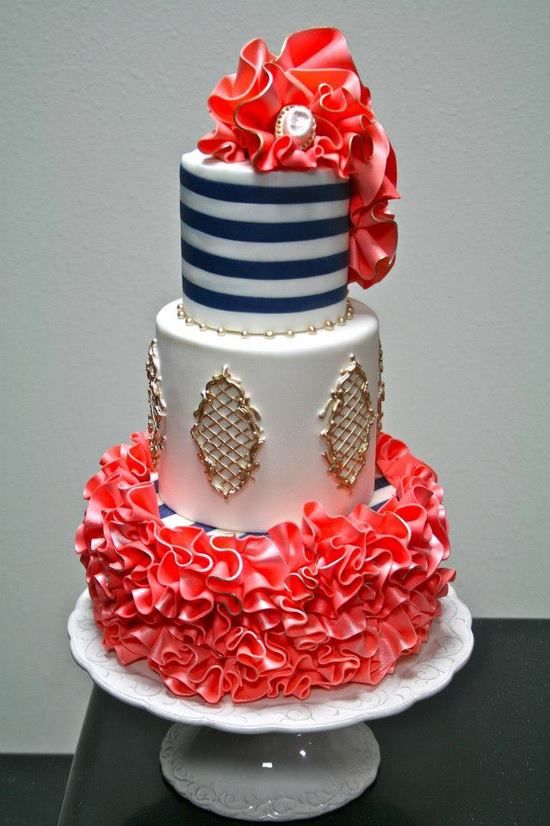 Blue White and Coral Wedding Cake