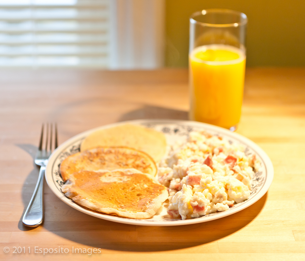 Pancake Eggs and Ham Orange Juice