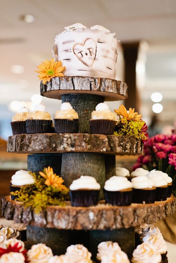 11 Rustic Tree Wedding Cake With Cupcakes Photo Wedding Cake