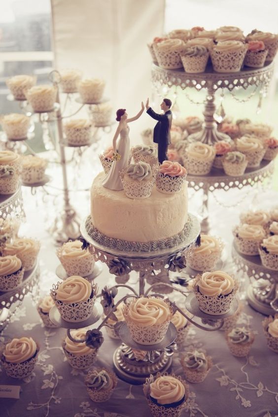 Wedding Cake with Cupcakes Display