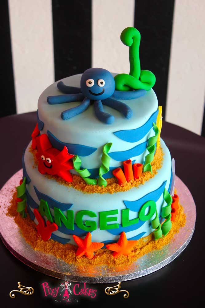 Blue Green and Orange Birthday Cake