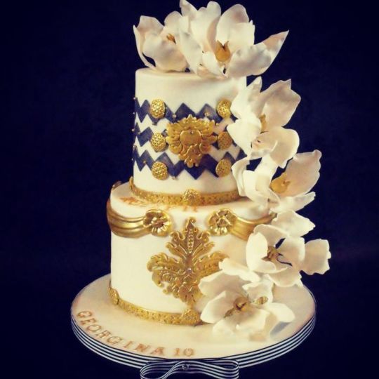 Blue White and Gold Birthday Cake