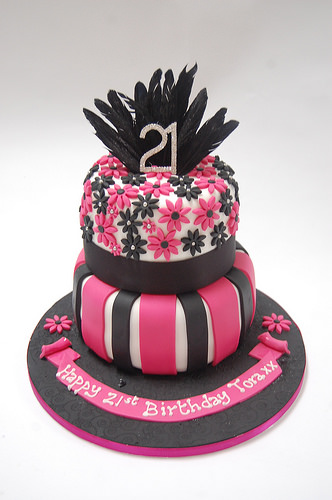 Black and Pink Flower Birthday Cake