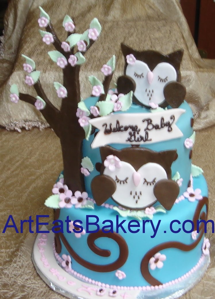 Blue and Pink Owl Baby Shower Cake