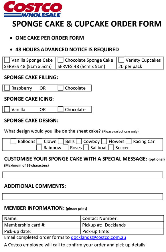 Costco Cake Order Form