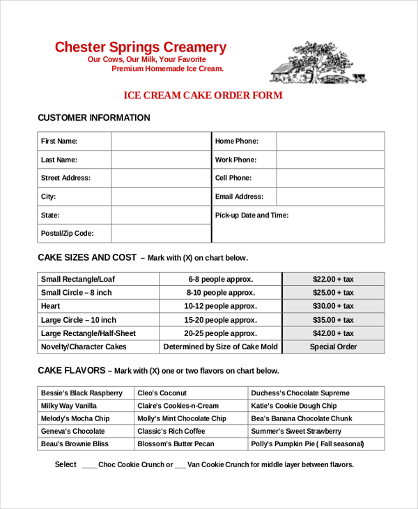 Ice Cream Cake Order Form