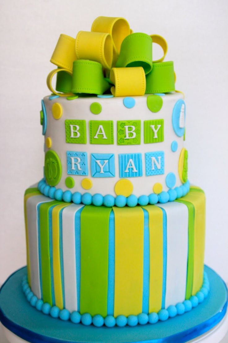 Blue Green and Yellow Baby Shower Cake