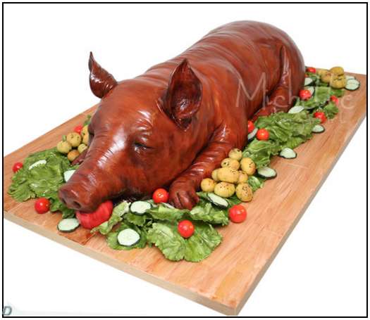 Pig Cake with Apple in Mouth