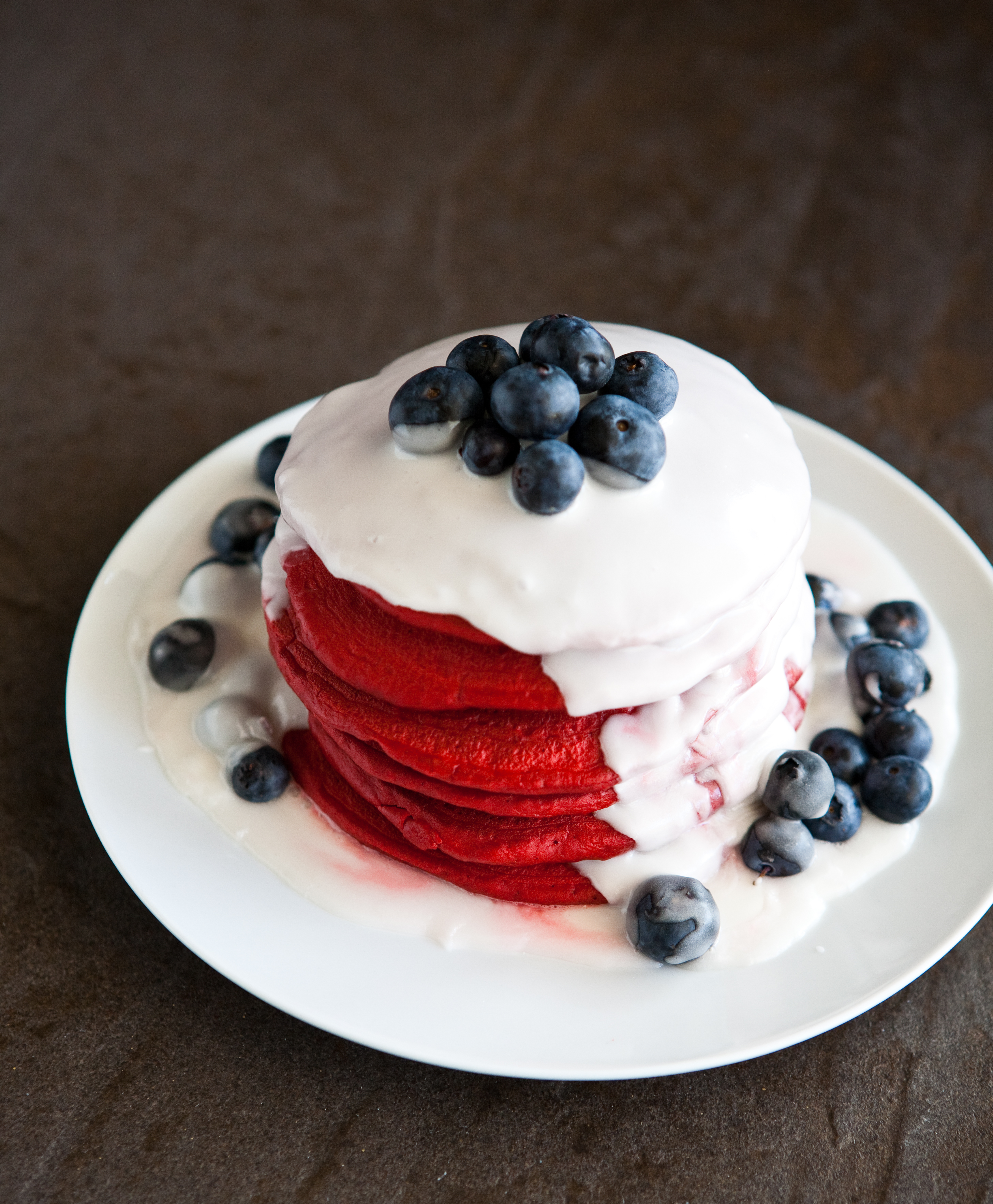 Red Velvet Pancakes with Blueberries