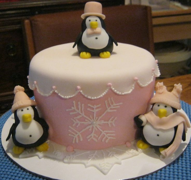 Winter Penguin First Birthday Cake