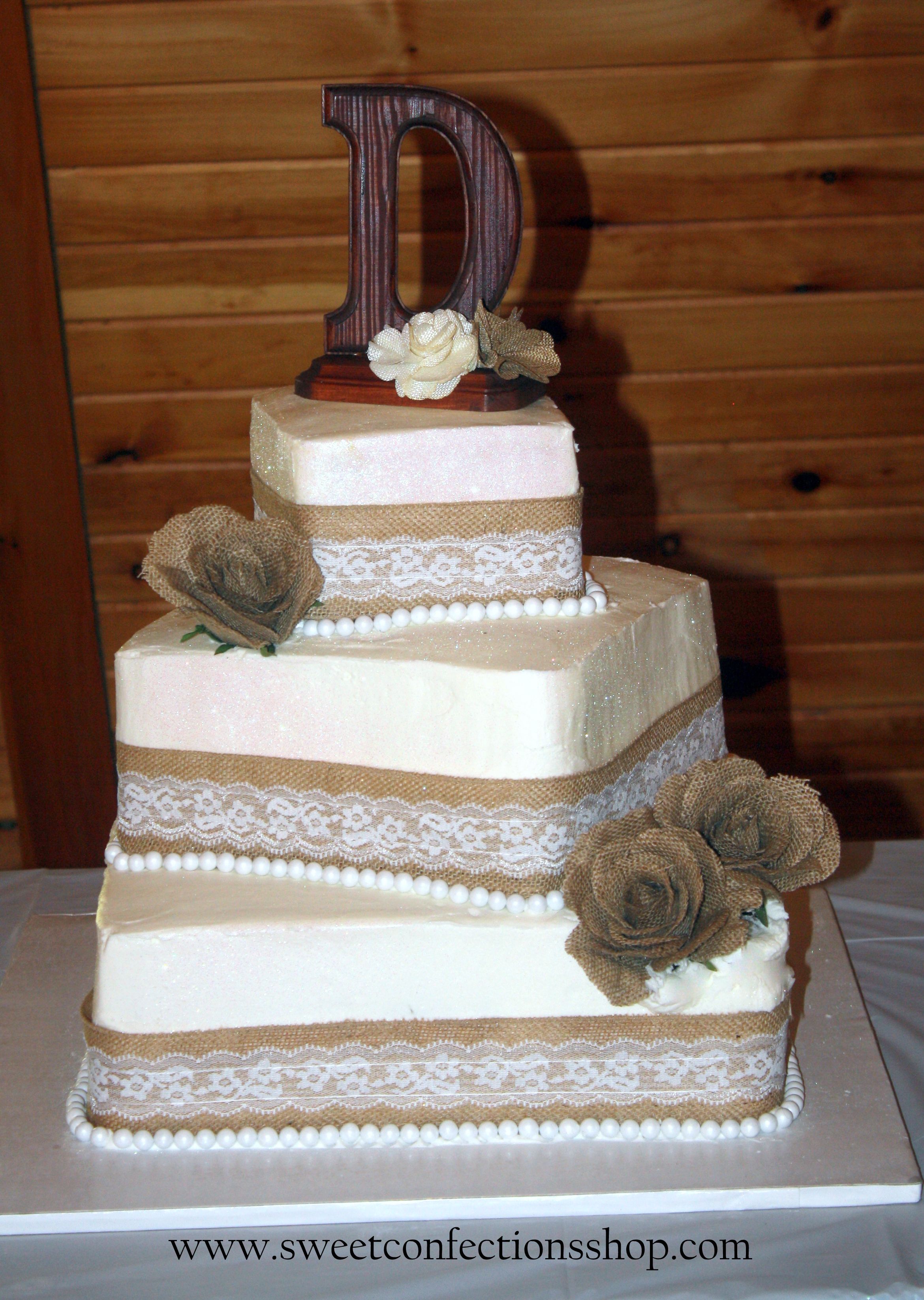 Square Wedding Cake Burlap and Lace